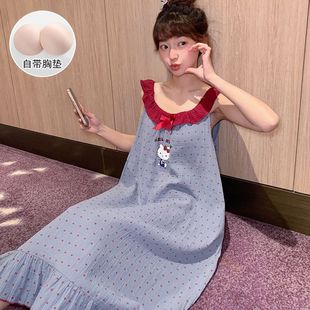 2025新款 纯棉纱布睡衣带胸垫纯欲风家居服 睡裙女夏季 吊带性感薄款