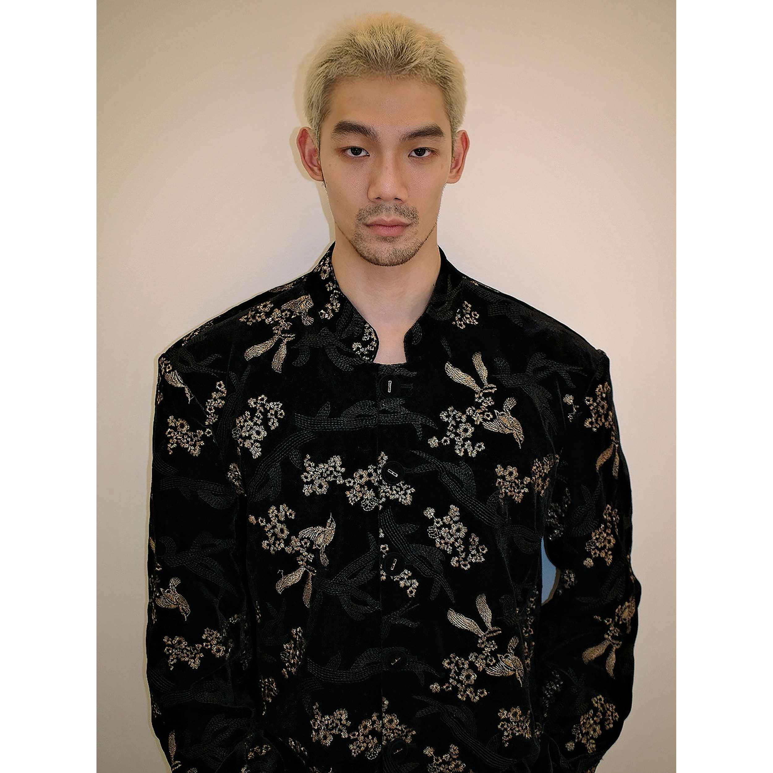 新品复古黑色丝绒外套金色刺绣花夹克时尚新中式中山装男女同款