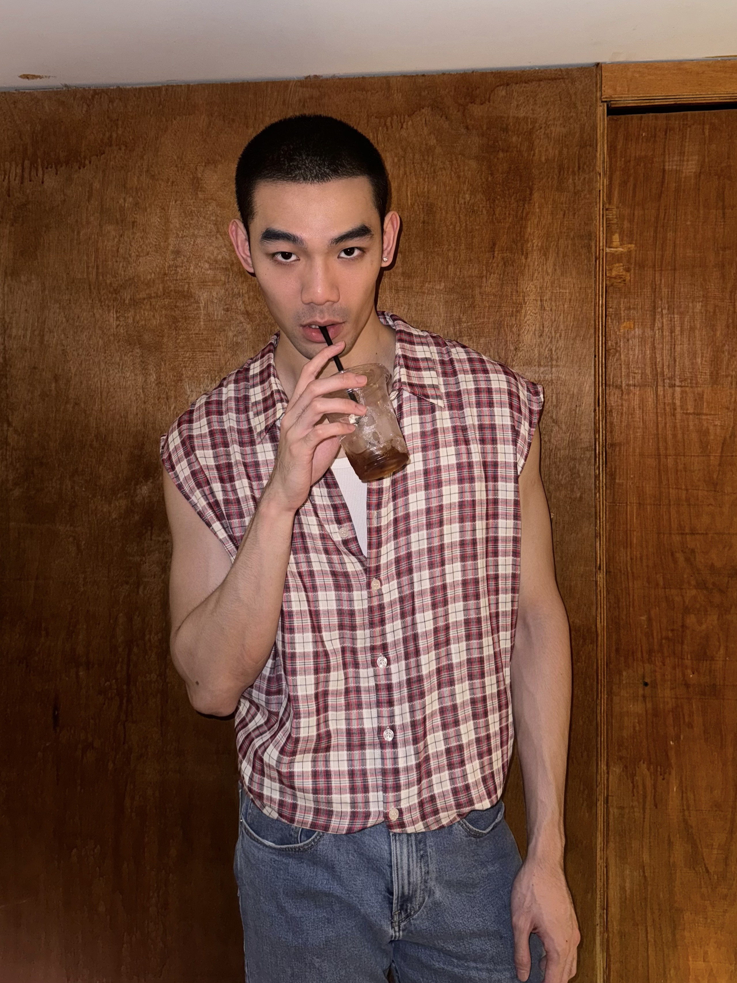 翻领无袖美式复古衬衫