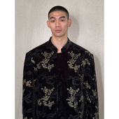 复古黑色丝绒外套金色刺绣花夹克时尚 新中式 中山装 新品 男女同款