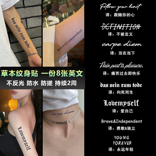 8张英文字母套餐草本纹身贴纸女男tattoo果汁手臂防水持久ins锁骨