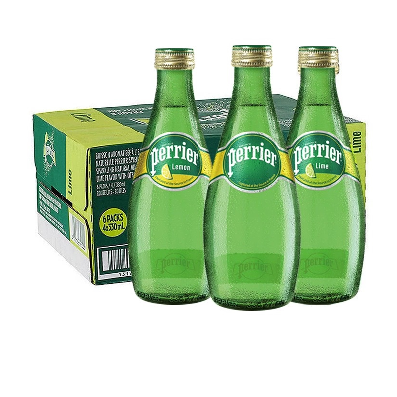 法国perrier巴黎水原味青柠味柠檬味气泡水330毫升*24玻璃瓶整箱