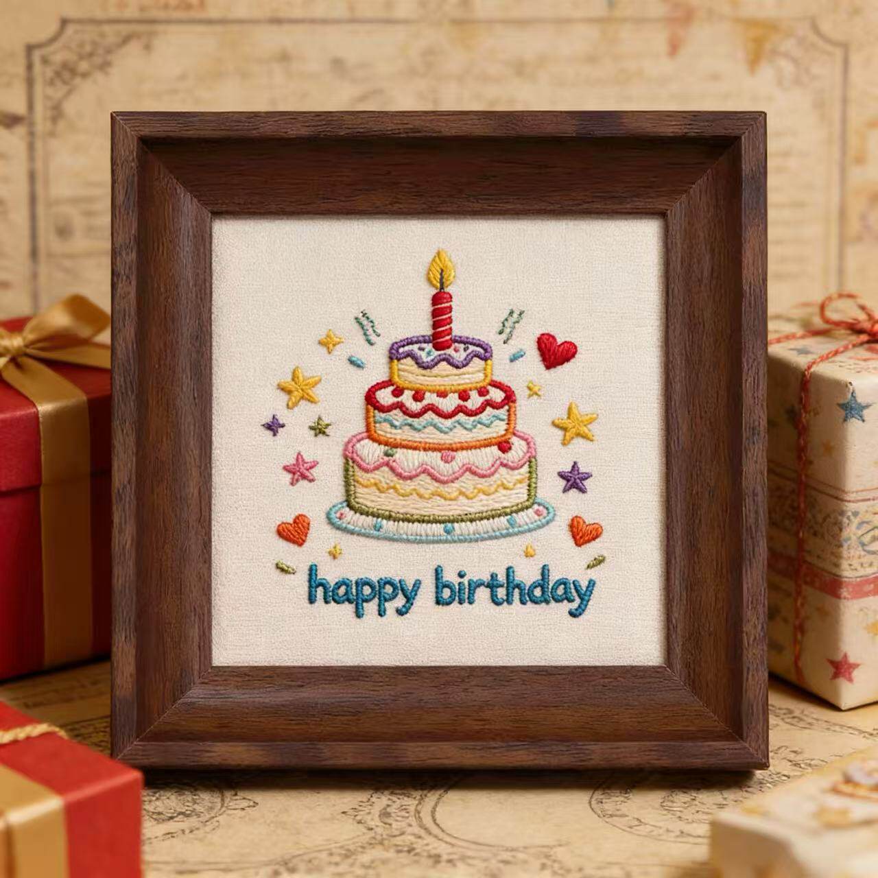 生日快乐刺绣相框diy手工制作生日礼物送闺蜜女朋友设计手工刺绣