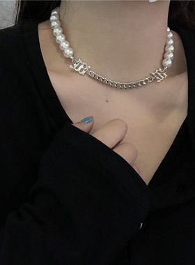 冷淡风网红反光珍珠m字项链女ins嘻哈拼接字母卫衣链男