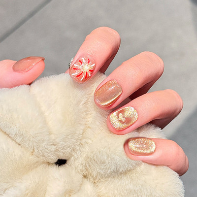 穿戴甲短款手工猫眼手绘爱心烟花显白可爱爆款心绪情人节礼物