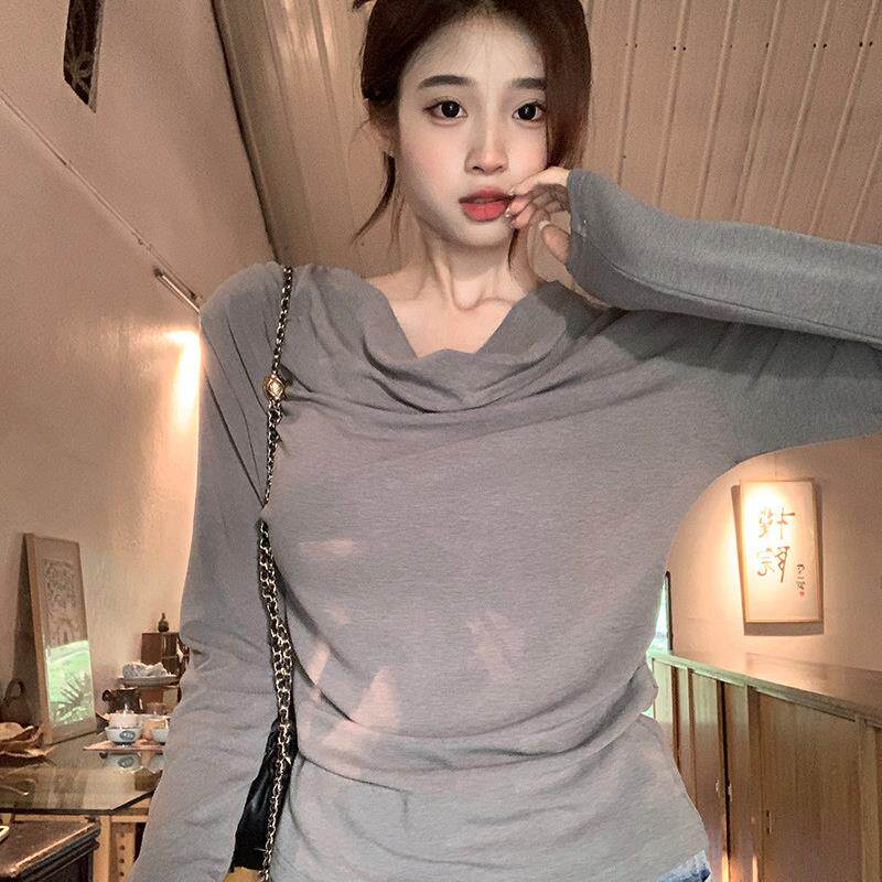 实拍1*1莫代尔长袖t恤女装2025秋季新款薄款修身打底衫堆堆领上衣