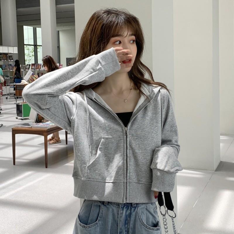 女士拉链外套秋装2025新款宽松韩版潮连帽短款长袖薄款开衫卫衣女