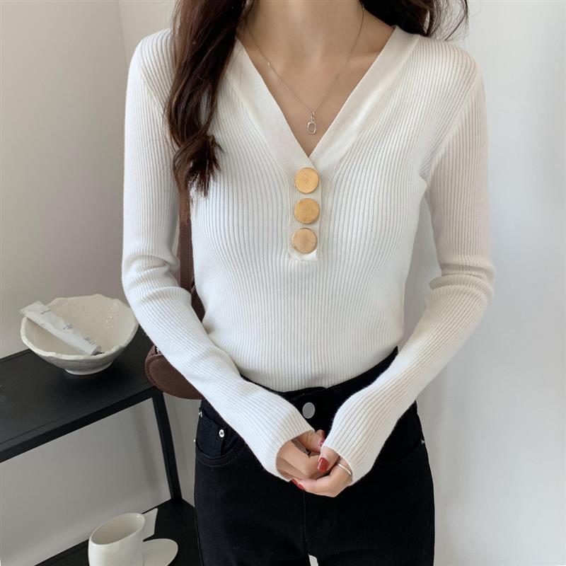 纯欲风V领针织打底衫女秋冬2025新款修身毛衣内搭显瘦上衣长袖冬