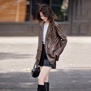咖色短款 复古港风pu皮机车夹克小个子 皮衣外套女2025春秋季 新款