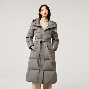 羽绒服冬季女款2025时尚连帽系带收腰高级感加厚中长款白鸭绒外套