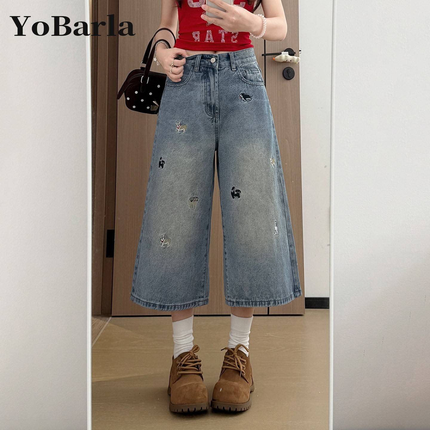 复古刺绣阔腿牛仔七分裤女夏新款大码胖mm梨型身材宽松显瘦直筒裤
