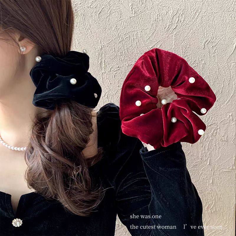 复古秋冬珍珠褶皱大肠发圈