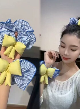 复古蓝格子黄色蝴蝶结2025新款大肠发圈盘发圈荷叶边头饰洋气发绳