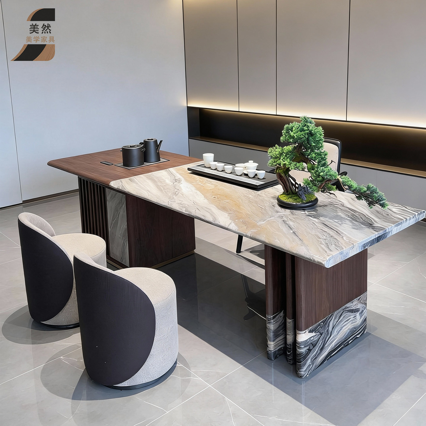 新中式北美黑胡桃木实木奢石茶桌椅茶室意式轻奢现代高级感茶台桌