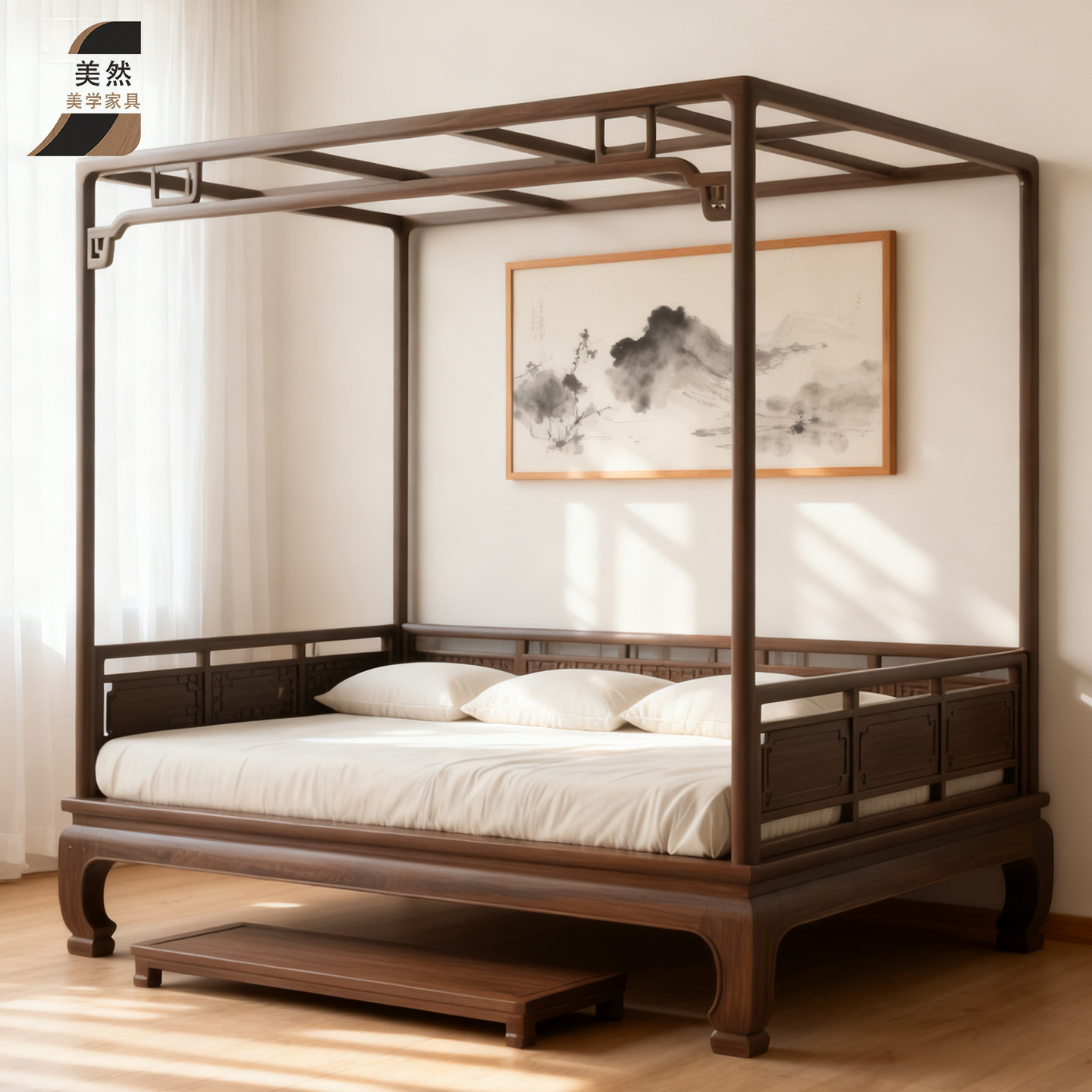 北美黑胡桃木中式仿古实木架子床千工拔步床原木禅意落地四柱床,住宅家具,拔步床/架子床,淘宝优惠券,粉丝福利购,淘宝优惠卷
