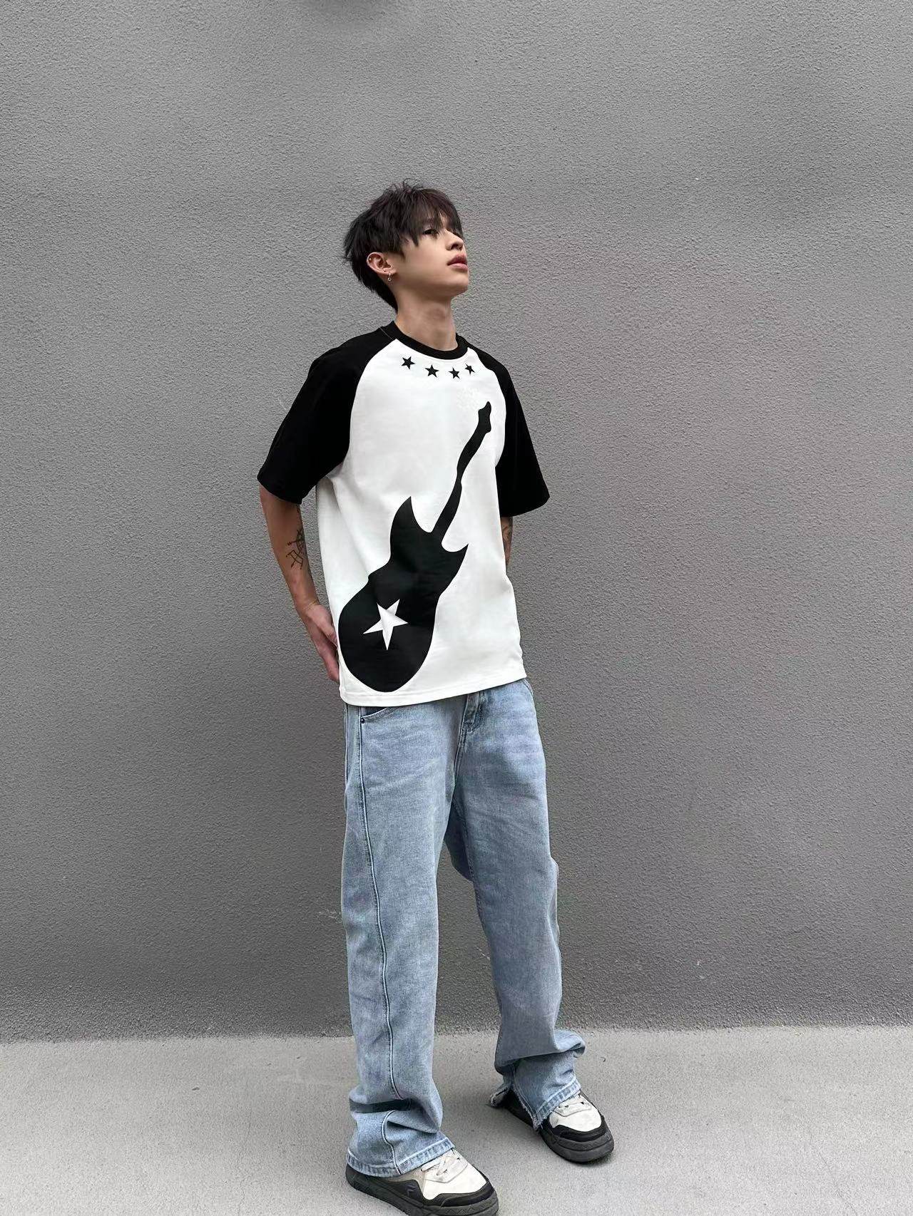 电次羊原创电吉他插肩短袖280g纯棉宽松半袖羊头刺绣英文短袖t