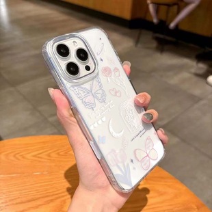 16保护套 韩系ins仙女蝴蝶鲜花16触控按键透明防摔适用iPhone16promax智能AI相机键亚克力全包手机壳16Pro女款