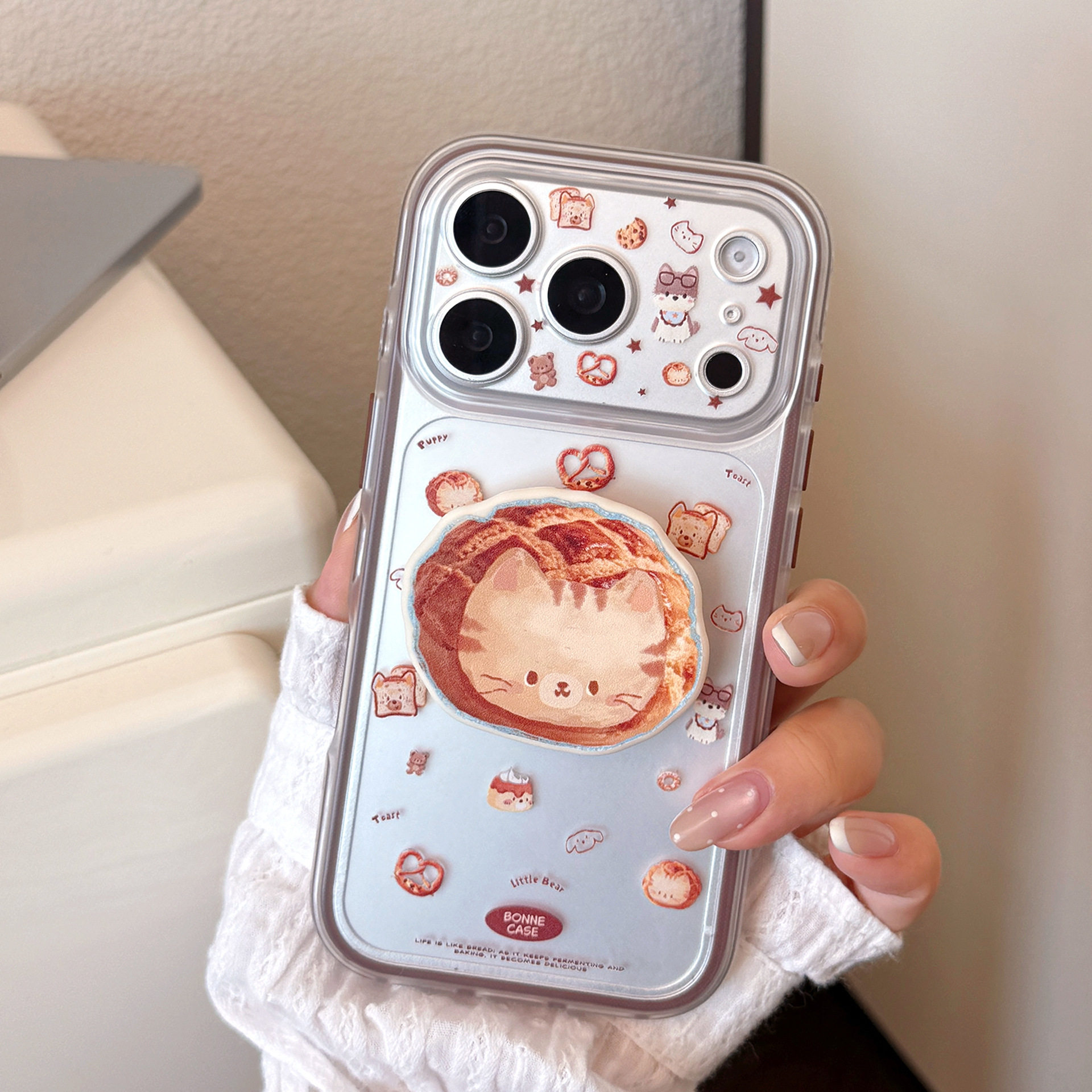 萌系ins韩风个性复古面包猫咪适用iPhone18新款苹果18PROMAX手机壳16pm可爱女款15透明防摔17PRO粘贴式架软壳