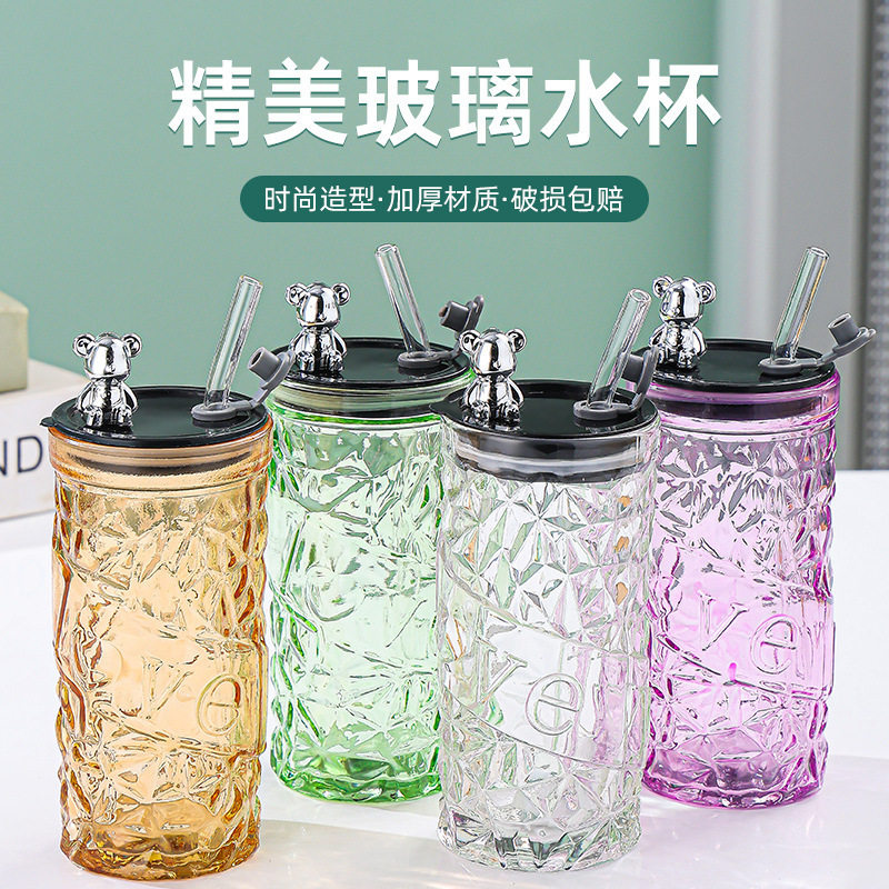 批发钻石小熊玻璃杯带吸管ins风大容量水杯高颜值可爱礼品杯子