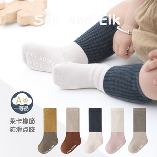 宝宝袜子春秋纯棉中筒袜新生婴儿防滑长筒袜松口不勒腿秋冬中厚款