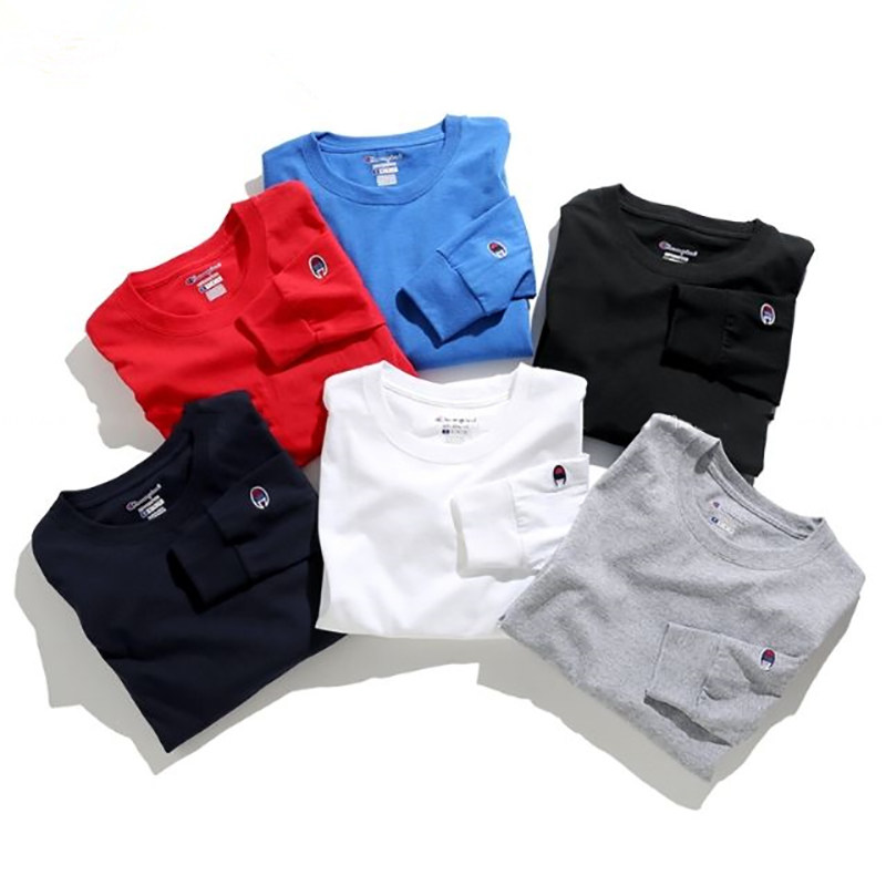 champion男女长袖t恤美版冠军纯色经典袖标情侣打底衫集c