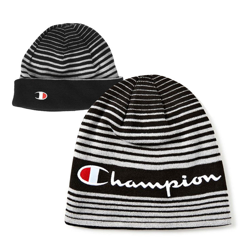 champion冠军针织帽男女刺绣logo标双面佩戴针织帽保暖条纹毛线帽