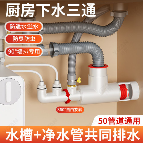 【厨房下水三通】90度墙排专用