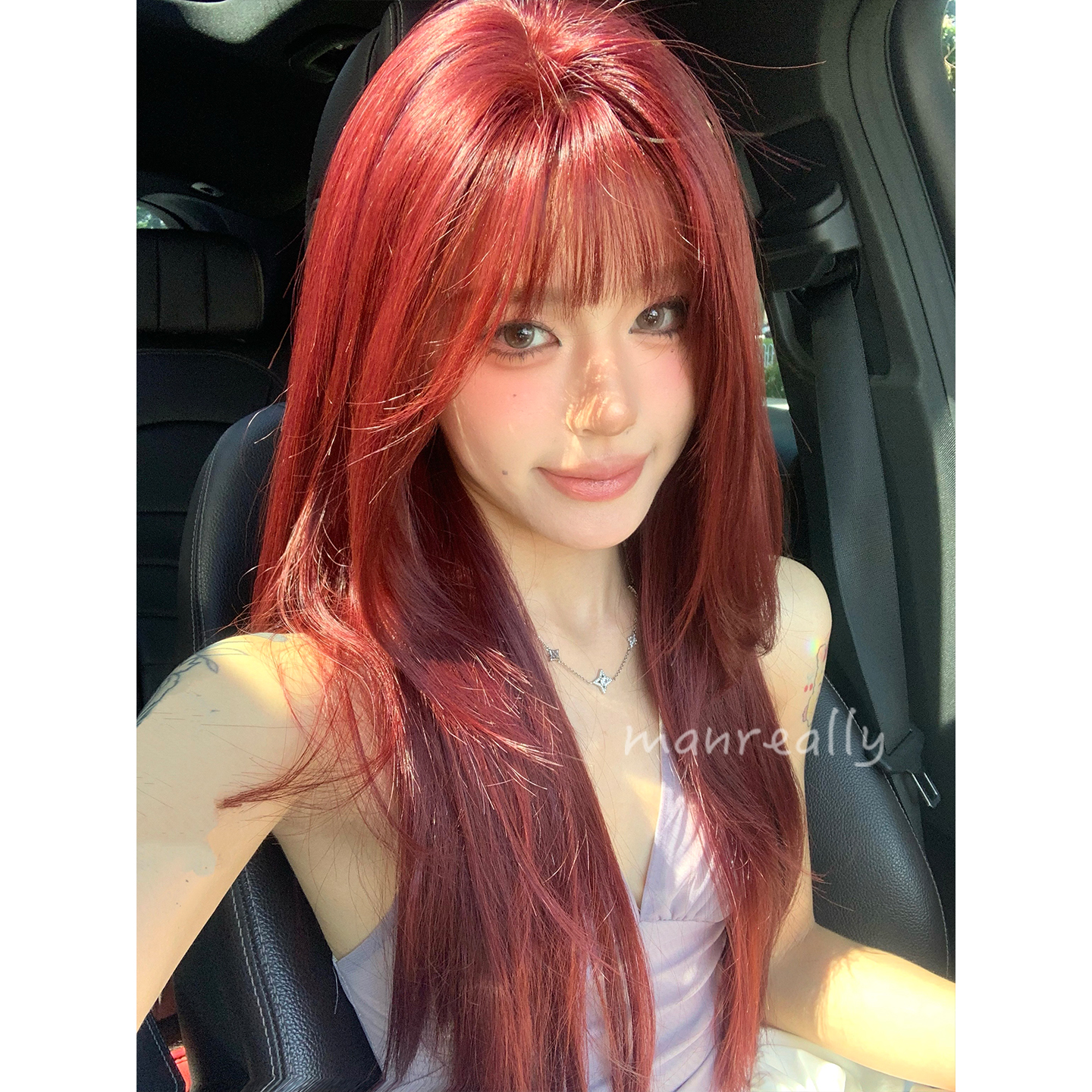 漫真假发玫瑰酒红长直发女团