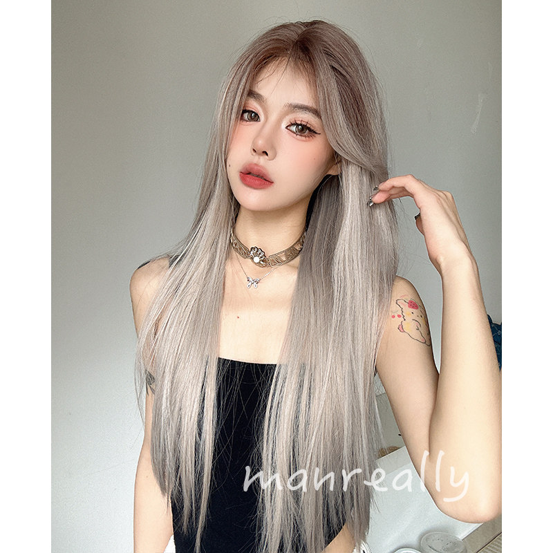 漫真假发前额蕾丝女长直发日常自然蓬松圆脸长发新式渐层色全头套