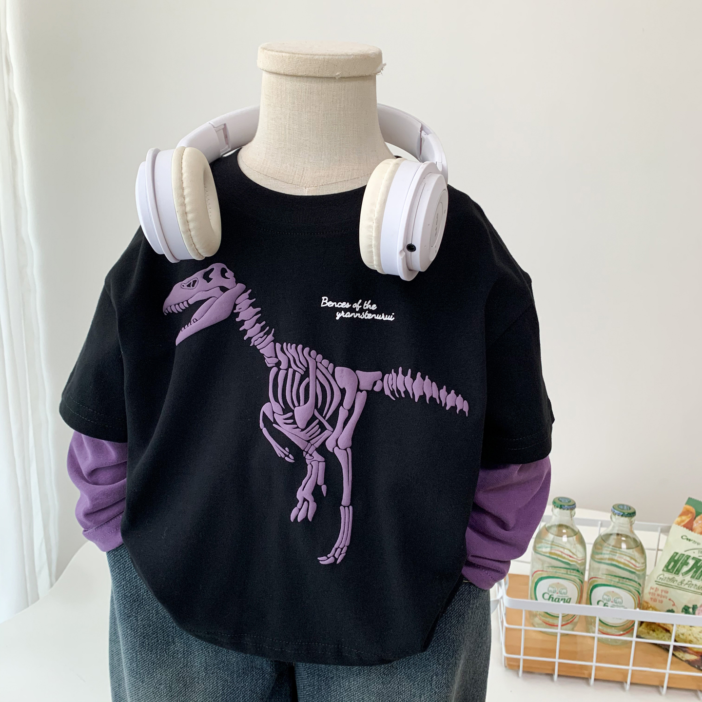 男孩卡通恐龙长袖T恤帅气假两件T