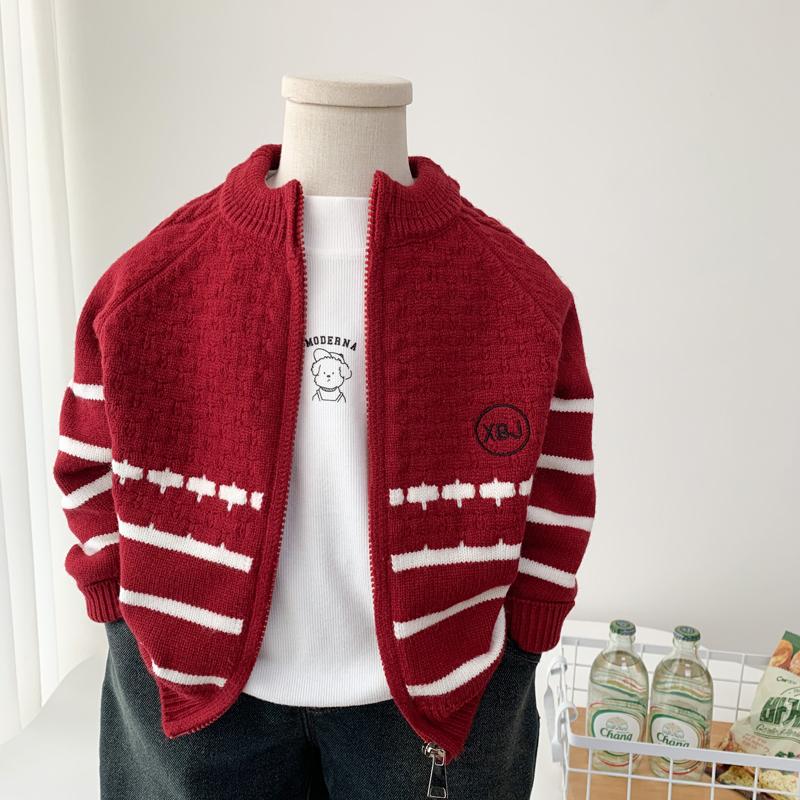 秋冬中小童柔软红色喜庆针织开衫