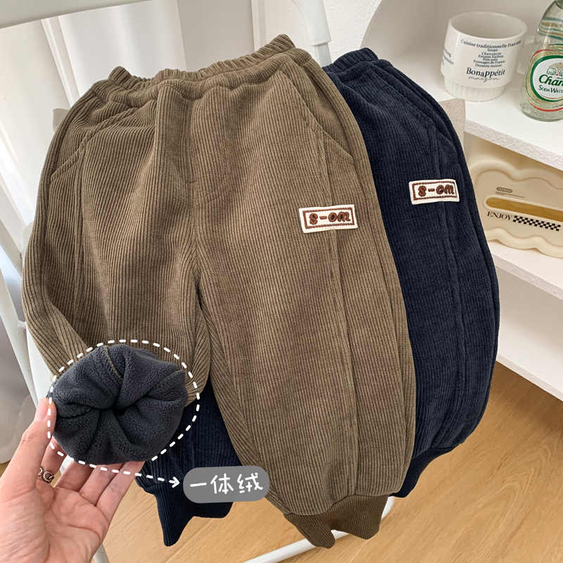 男童灯芯绒弹力一体奥利绒裤子