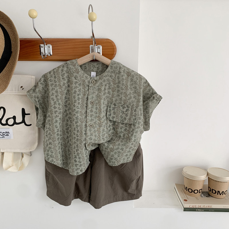 男童短袖衬衫套装2026夏季新款儿童时尚洋气纯棉两件套复古童装潮