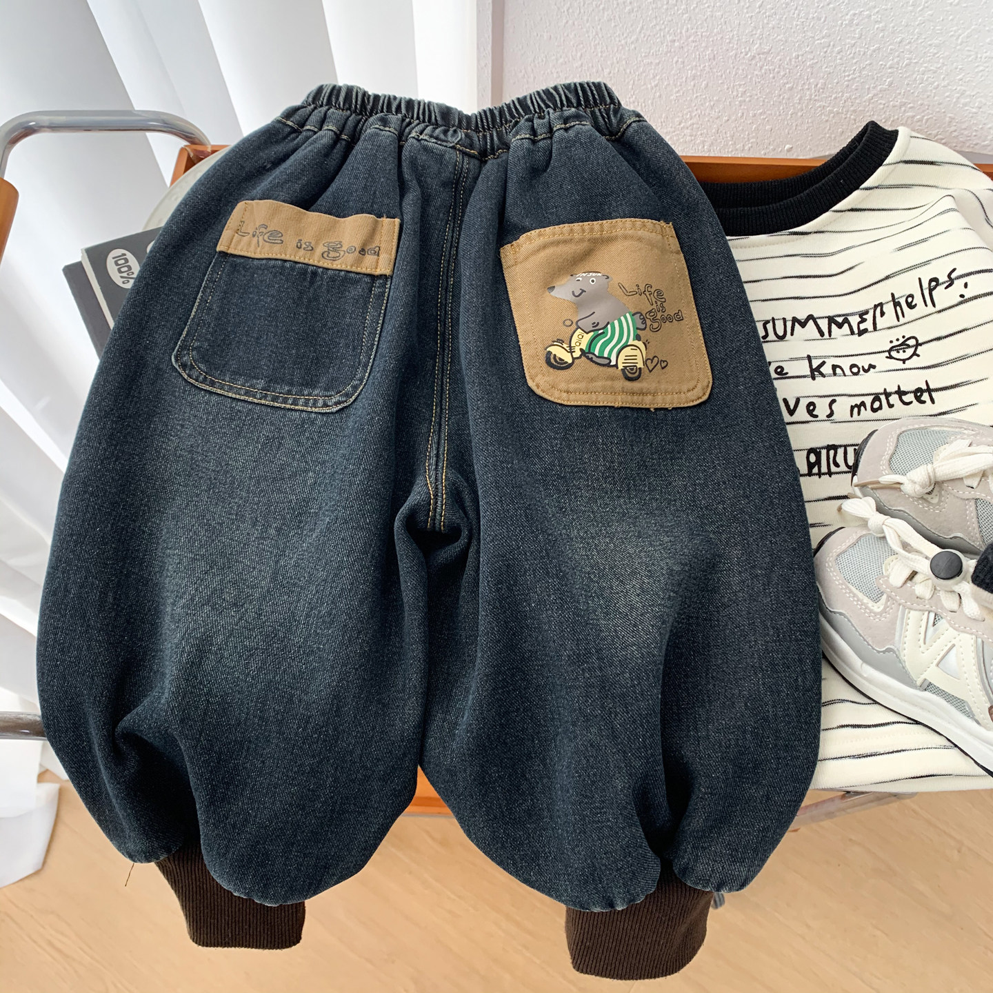 男童加绒牛仔束脚裤冬季哈伦裤潮