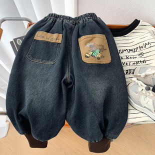 儿童加绒牛仔灯笼裤2025冬季男童宽松束脚裤洋气宝宝休闲哈伦裤潮