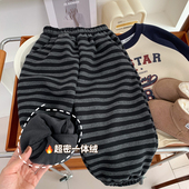 女童纯棉柔软运动裤 男童洋气条纹休闲卫裤 子秋冬装 儿童一体加绒裤