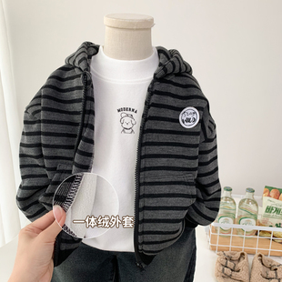 百搭上衣 儿童条纹拉链衫 男童加绒外套秋冬一体绒连帽开衫 2025新款