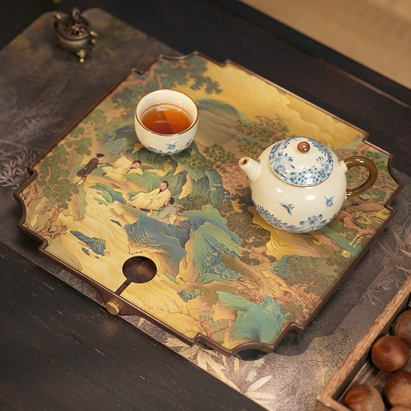 国风四菱花窗茶盘桃源仙境图铜彩烧手工茶承壶承茶室意境茶器礼品
