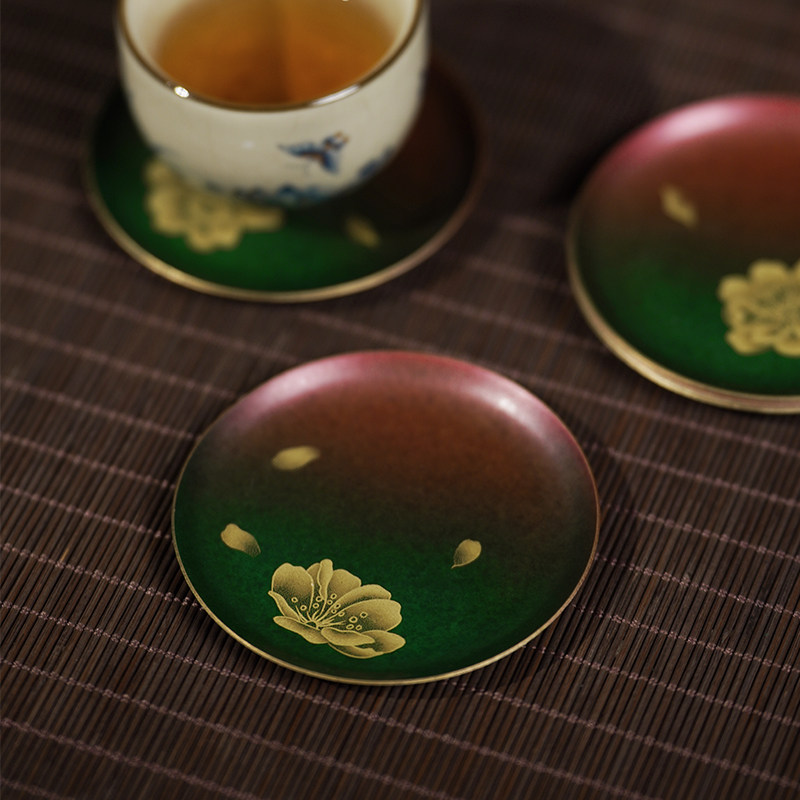梨园春色茶杯垫手工铜彩烧茶托隔热防烫桌面防滑杯托围炉煮茶雅器