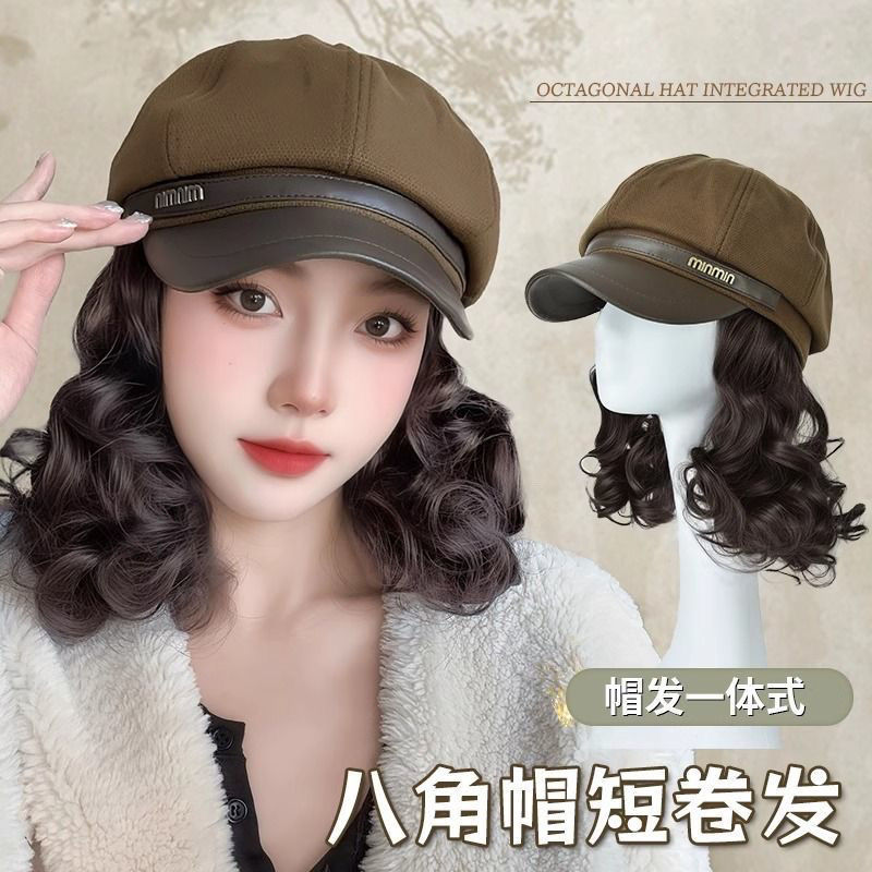 秋冬新款妈妈发短卷发时尚八角帽
