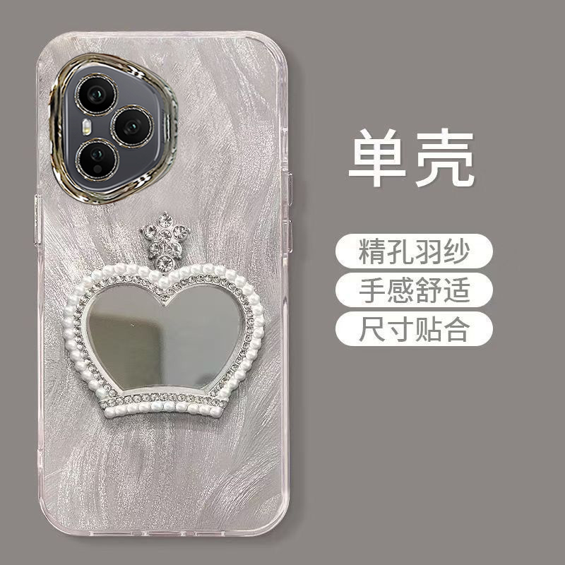 适用荣耀400pro/300/200/100/90GT手机壳MAGIC/X70闪粉羽纱荣耀50/60SE皇冠镜子带支架女高奢时尚华为80苹果