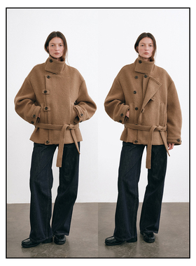 shyshy静谧感巴恩风立领宽松系带慵懒感圈圈毛全羊毛短大衣外套