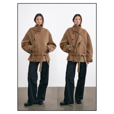 shyshy静谧感巴恩风立领宽松系带慵懒感圈圈毛全羊毛短大衣外套