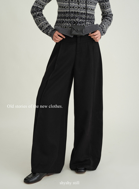 shyshy“当下时髦”休闲宽松品质感好穿舒适羊毛阔腿黑色长裤