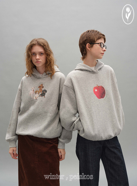 shyshy独家印花 狗狗开会/苹果/中古家具/停产老爷车灰色连帽卫衣