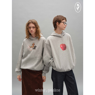 shyshy独家印花 狗狗开会/苹果/中古家具/停产老爷车灰色连帽卫衣