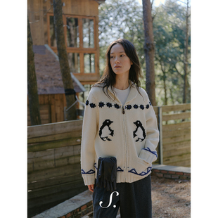 shyshy全羊毛复古重磅仿粗棒企鹅针织双色拉链开衫