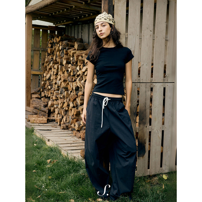 shyshy the one 抽绳休闲裤不易皱肌理感透气面料宽松休闲裤夏季