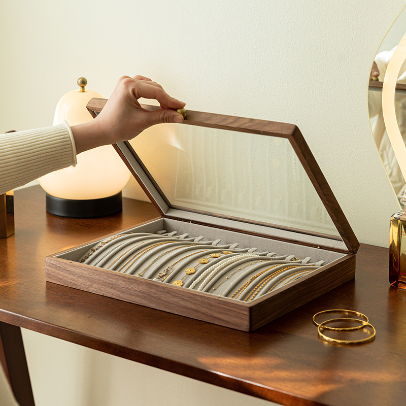 黑胡桃木长条项链展示盒收纳吊坠高端珠宝盒圣诞礼物手链首饰盒