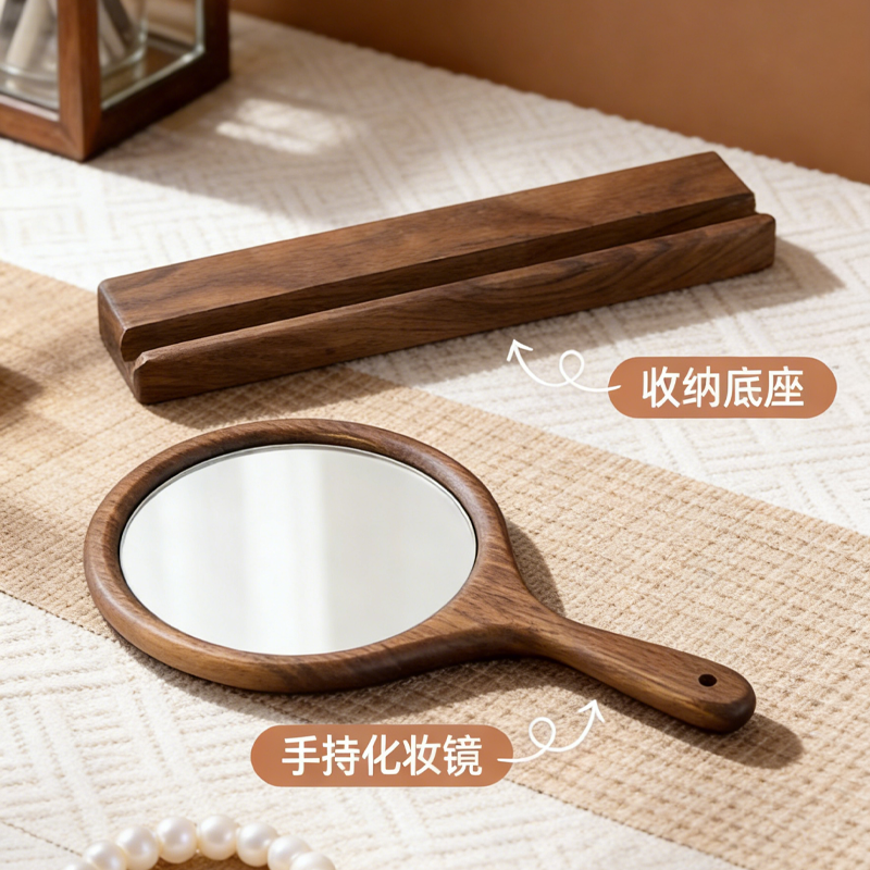 实木手持化妆镜黑胡桃木圆形便携式美妆镜带收纳底座高档木质镜子